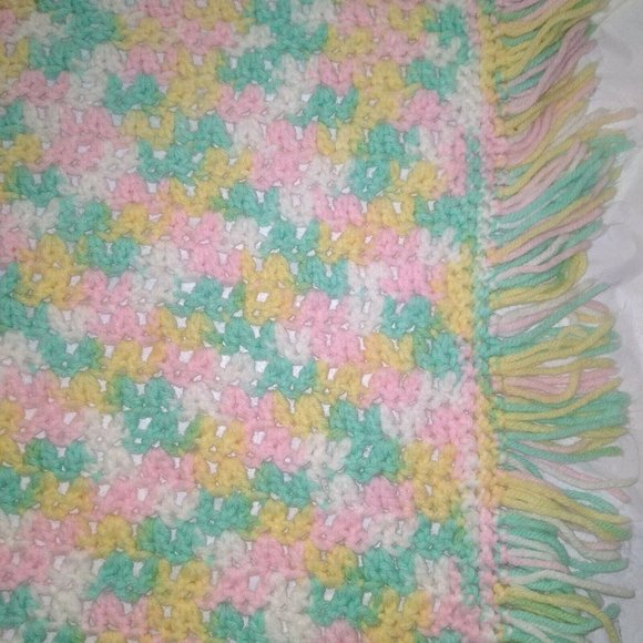 Hand Crocheted Knitted Baby Blanket Pink Green Yellow White Pastel 52" x 34" - Picture 1 of 6